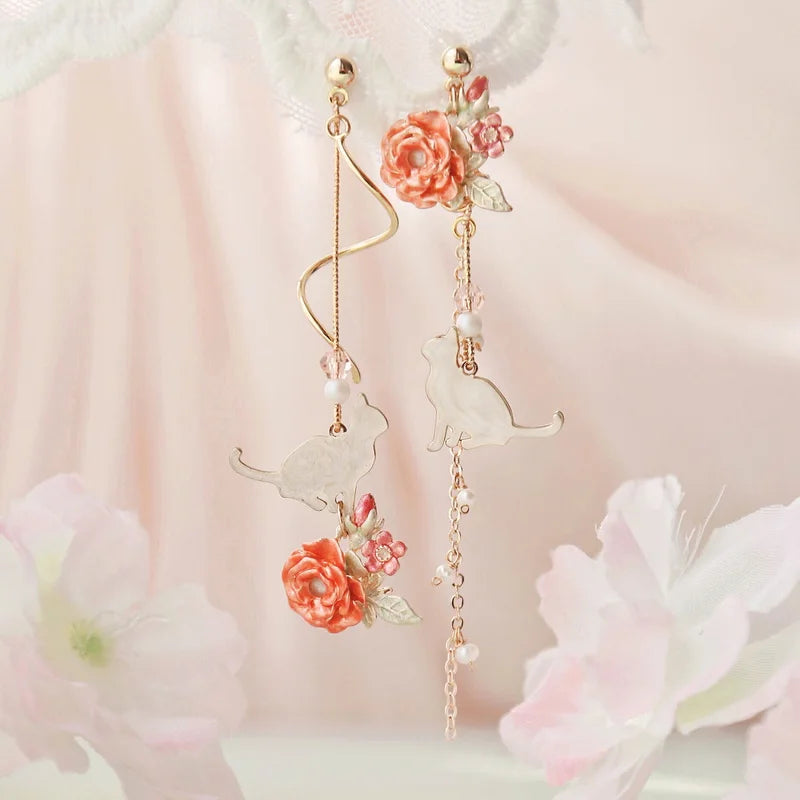 Nouvelles boucles d'oreilles pendantes asymétriques en forme de fleur coréenne pour femmes Longues avec pompon papillon, perle d'imitation, chat, pour fête, bijoux