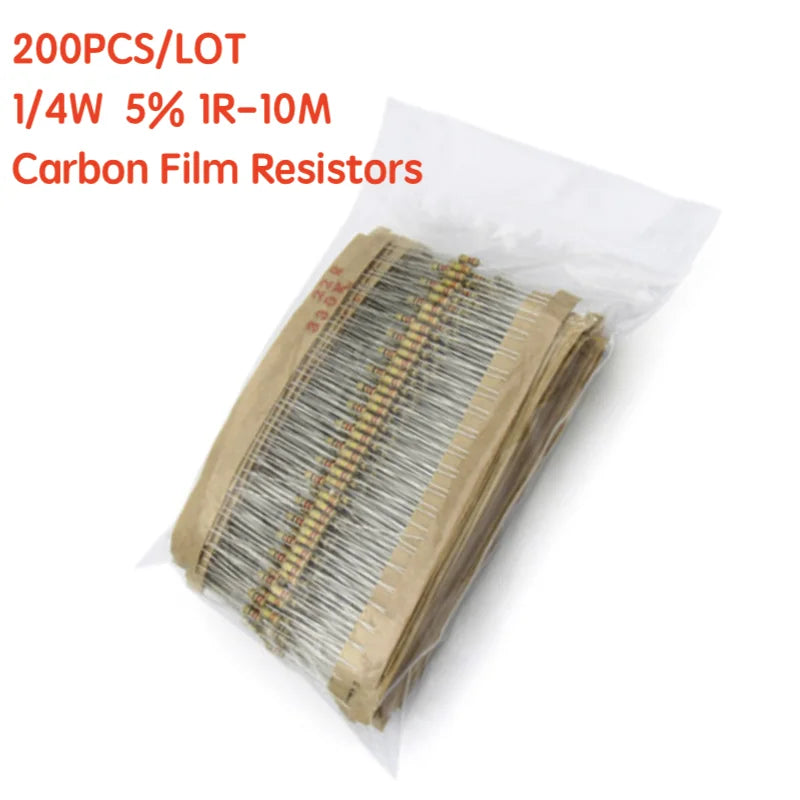200 PCS Résistances à couche de carbone 1/4W 5% 1R-10M 10R 47R 56R 100R 220R 1K 4K7 6K8 100K 330K 560K 1M ohm Résistance à anneau de couleur