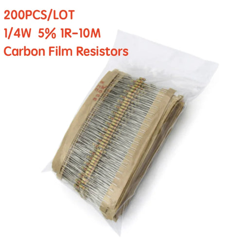 200 PCS Résistances à couche de carbone 1/4W 5% 1R-10M 10R 47R 56R 100R 220R 1K 4K7 6K8 100K 330K 560K 1M ohm Résistance à anneau de couleur