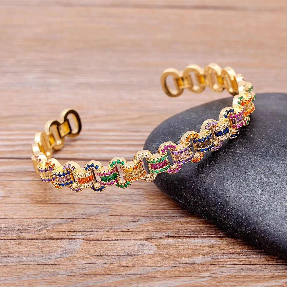Nidin New Fashion Design Luxury Brand Cuff Bangles Trendy Copper Cubic Zirconia Bracelets For Women Party Birthday Jewelry Gift