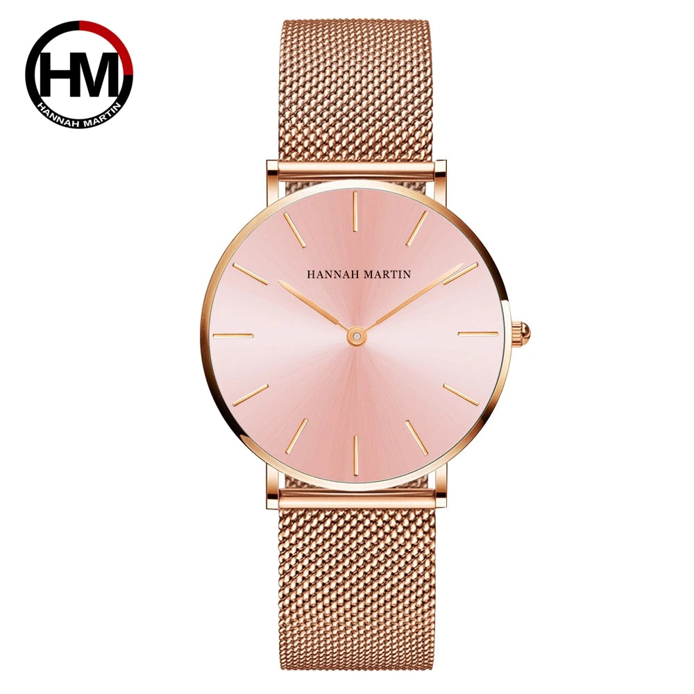 Montre Dropshipping HANNAH MARTIN Femme Qualité Supérieure Acier Inoxydable Mouvement Japonais Quartz Étanche 36mm Or Rose Complet