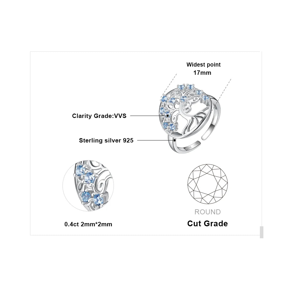 JewelryPalace Bague Arbre de Vie en Spinelle Bleu Créé Argent Sterling 925 Ouverte Réglable pour Femmes Bijoux à Grand Effet