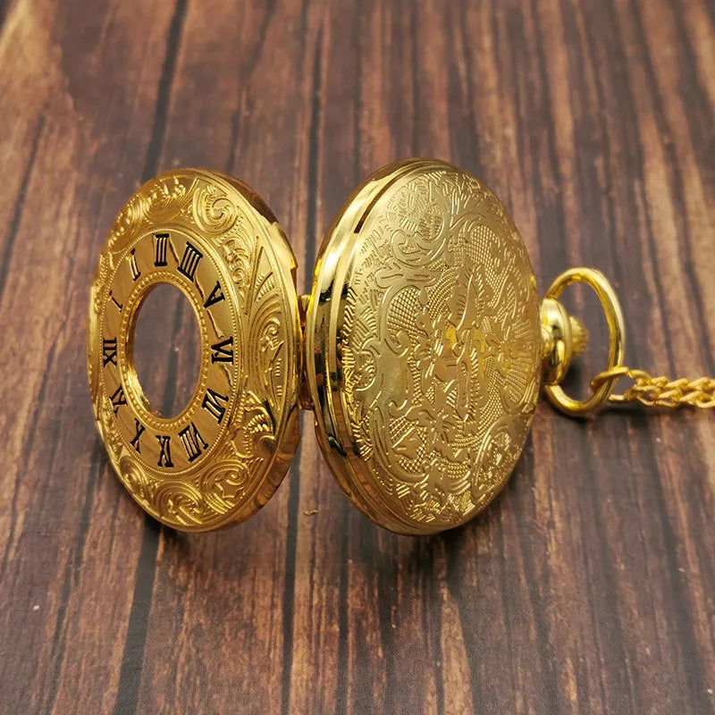 Luxury Gold Roman Numerals Quartz Pocket Watch Chain Men Women Hollow Case Vintage Pendant Necklace Best Gifts for Men Women
