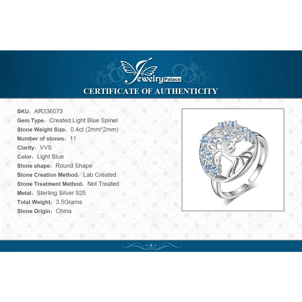 JewelryPalace Bague Arbre de Vie en Spinelle Bleu Créé Argent Sterling 925 Ouverte Réglable pour Femmes Bijoux à Grand Effet