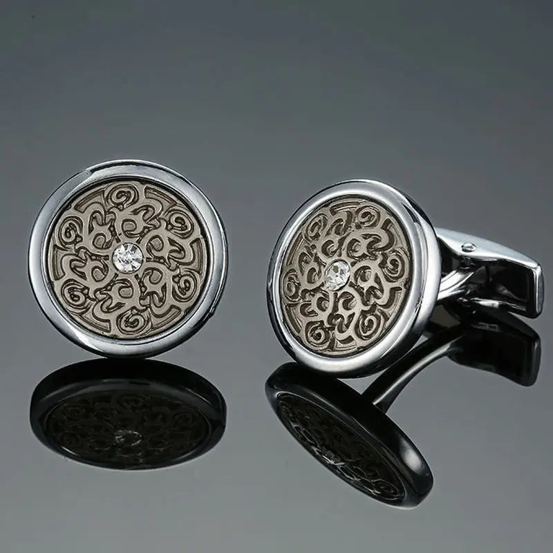 Boutons de manchette ronds en zircon, au design luxueux et inédit, avec gravure à la main, pour chemises françaises haut de gamme pour hommes