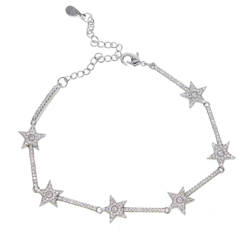 Bracelet Chaîne Esclave Étoiles en Cristal de Zirconium Tendance pour Femmes, Bracelets Breloques Étoiles Couleur Argent Délicats en CZ