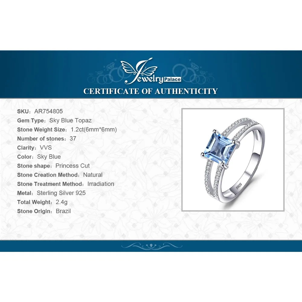 JewelryPalace Bague de fiançailles en argent sterling 925 avec topaze bleu ciel taille princesse 1,2 carat pour femme, bijoux raffinés, cadeau de mariage