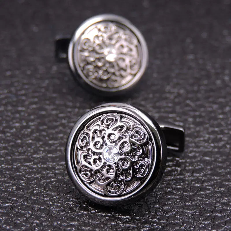 Boutons de manchette ronds en zircon, au design luxueux et inédit, avec gravure à la main, pour chemises françaises haut de gamme pour hommes