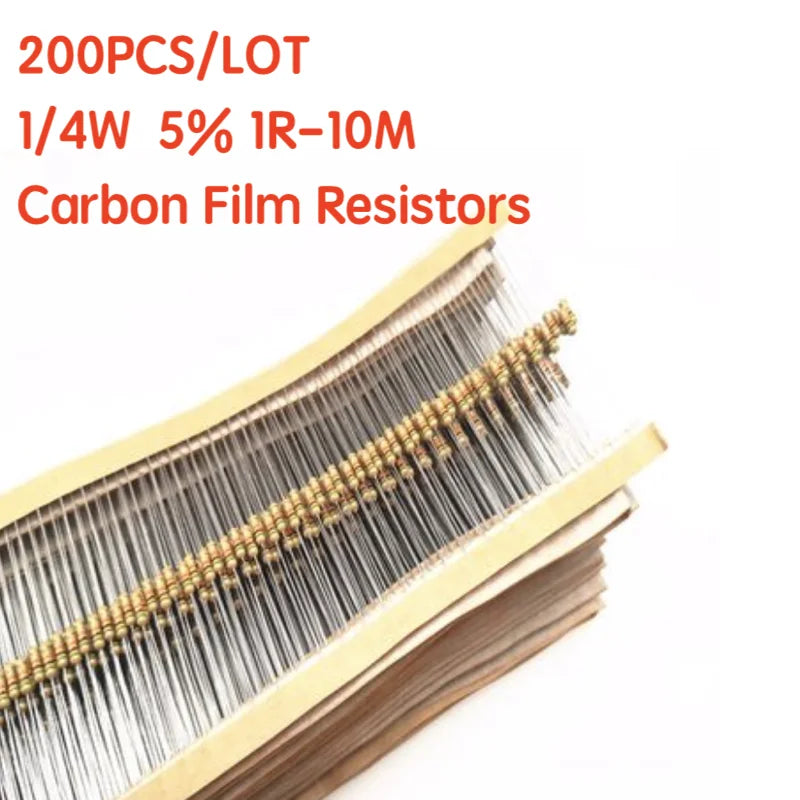 200 PCS Résistances à couche de carbone 1/4W 5% 1R-10M 10R 47R 56R 100R 220R 1K 4K7 6K8 100K 330K 560K 1M ohm Résistance à anneau de couleur