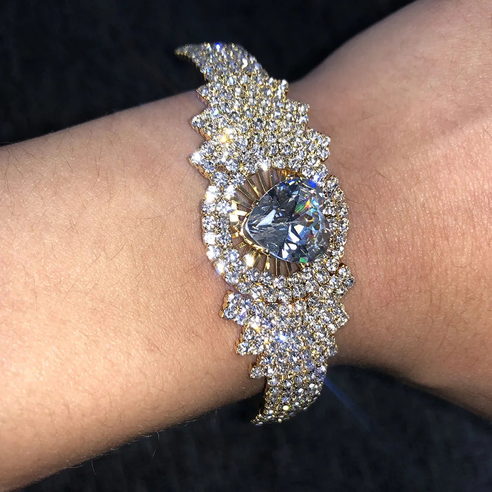 Stonefans INS Fashion Bling Crystal Heart Bangle Bracelet Jewelry Bridal Rhinestone Open Cuff Bracelet Luxury Wedding Jewelry
