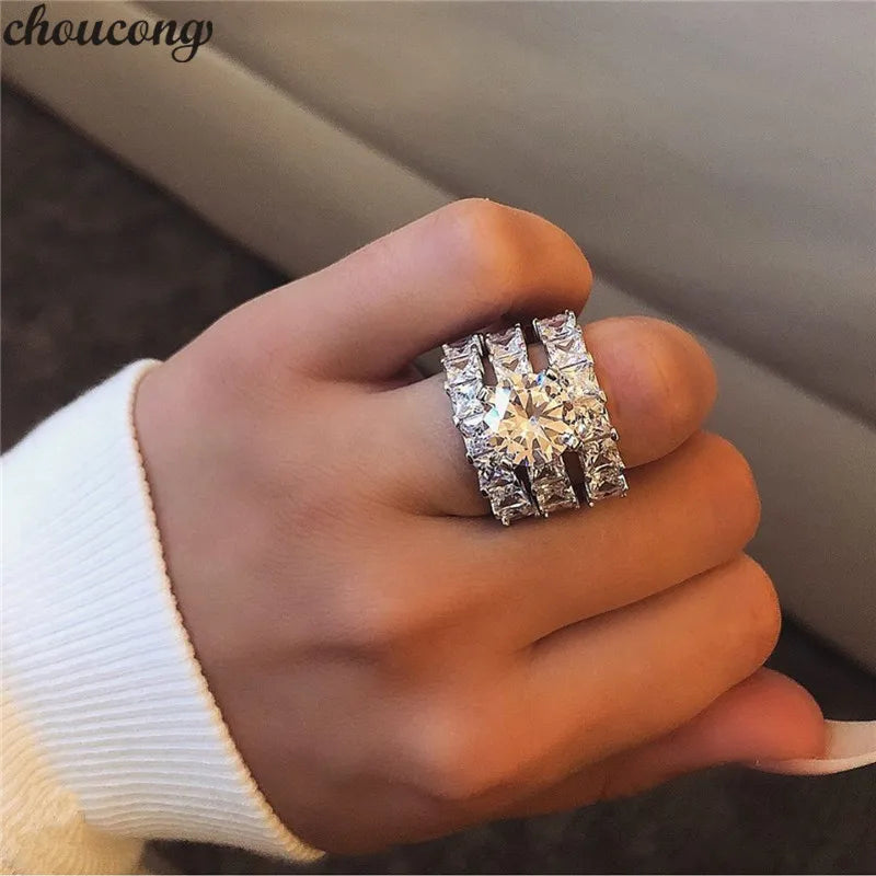 choucong Ensembles de 3 bagues de déclaration en argent sterling 925, taille princesse AAAAA cz, bagues de fiançailles et de mariage pour femmes