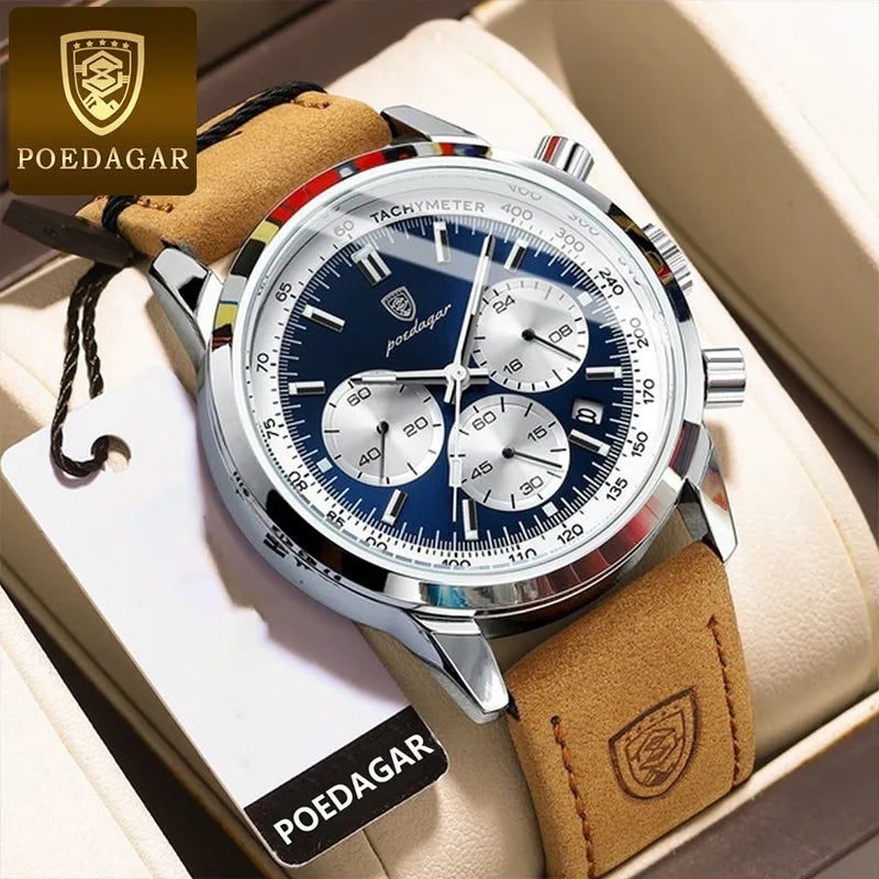 POEDAGAR Montre homme étanche avancée avec calendrier, veilleuse, chronomètre, montre homme en cuir de luxe et de mode