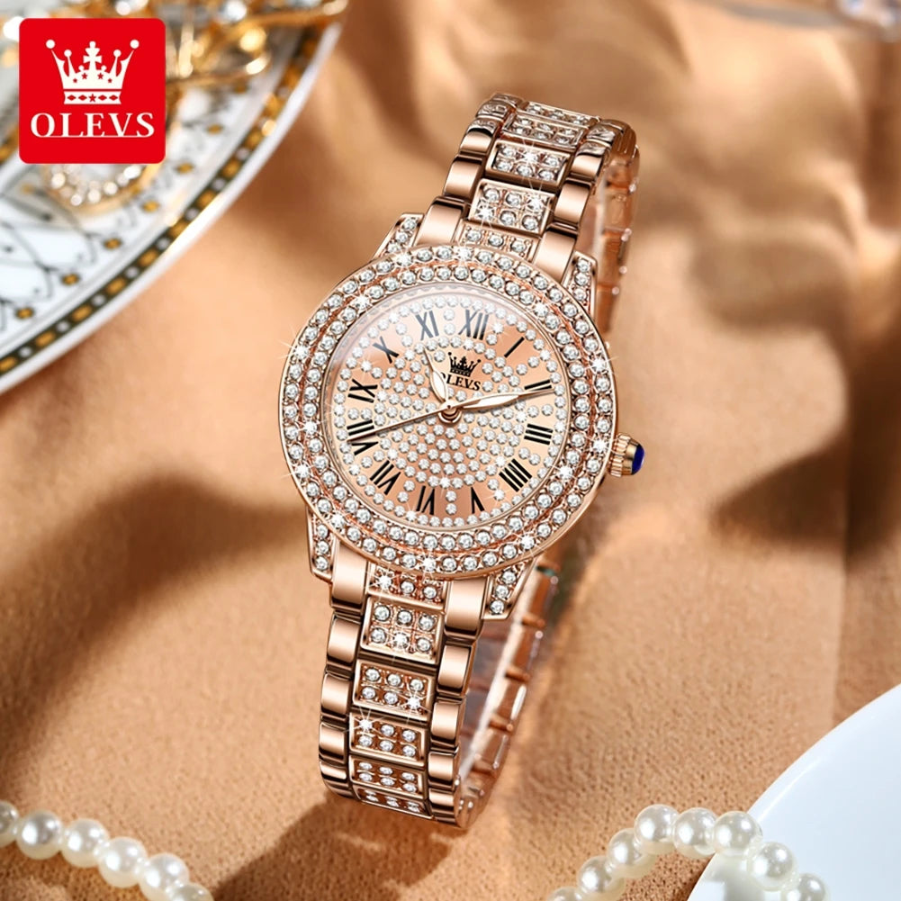 OLEVS 9943 Montre à Quartz Originale Entièrement Sertie de Diamants pour Femme Acier Inoxydable Or Rose Étanche Élégante Luxe Haut de Gamme Montre-Bracelet pour Dames