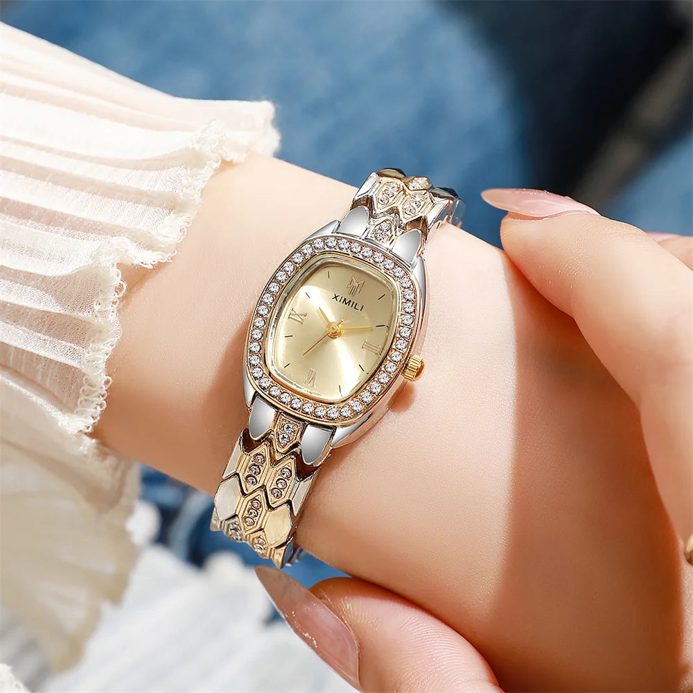Luxury Gold Plated Ladies Fashion Quartz Watch Simple Rome Barrel-Shaped Stainless Steel Business Clock Quality Buckle Strap