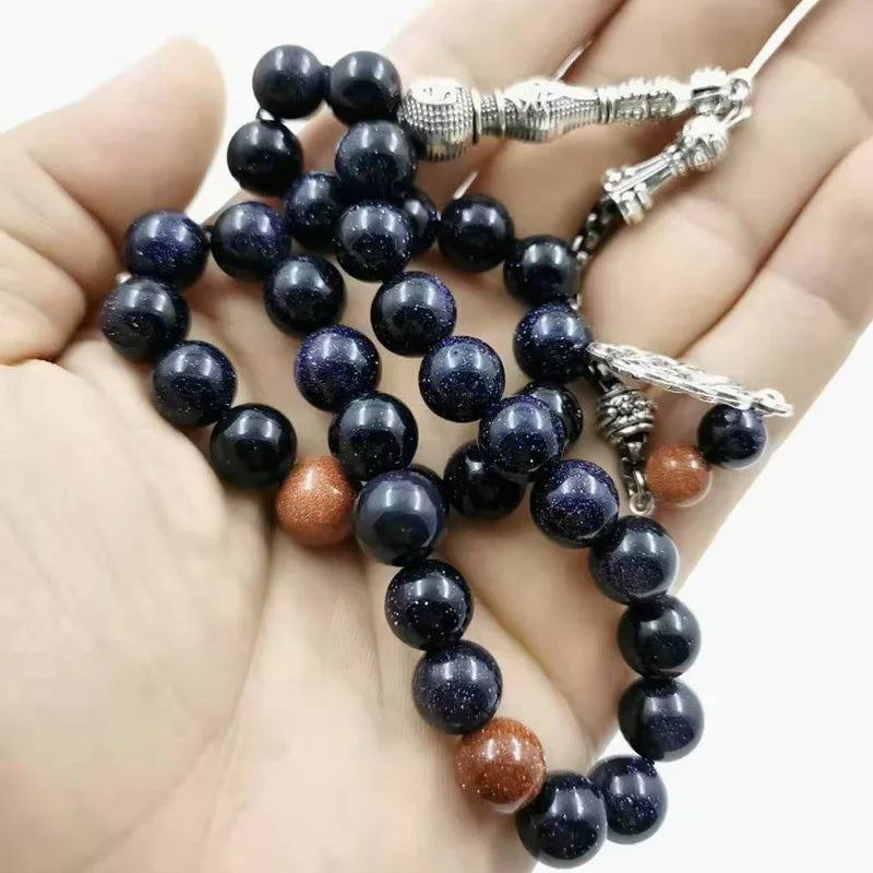 Natural Blue SandStone tasbih with Gold sandstone Muslim man's gfit For Eid 33 45 99 Paryer beads Special New misbaha bracelet