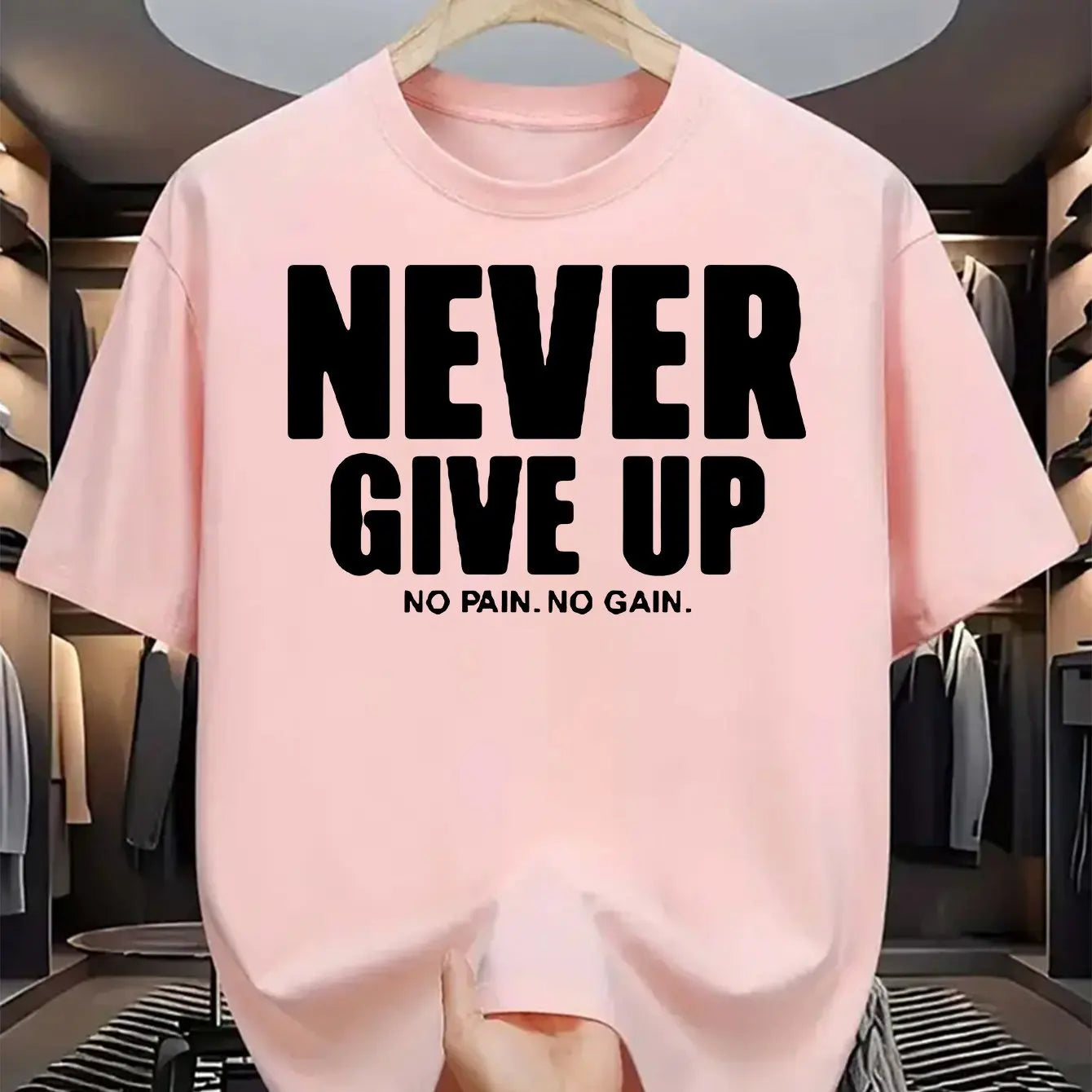 T-shirt homme à manches courtes et col rond, 100 % coton pur, décontracté, ample, avec motif de lettres "never give up" imprimé