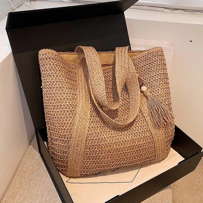 Sac à main élégant en paille tissée pour femme - Sac fourre-tout décontracté pour les vacances à la plage, les trajets quotidiens - Sacs à main rétro à bandoulière tendance 2024