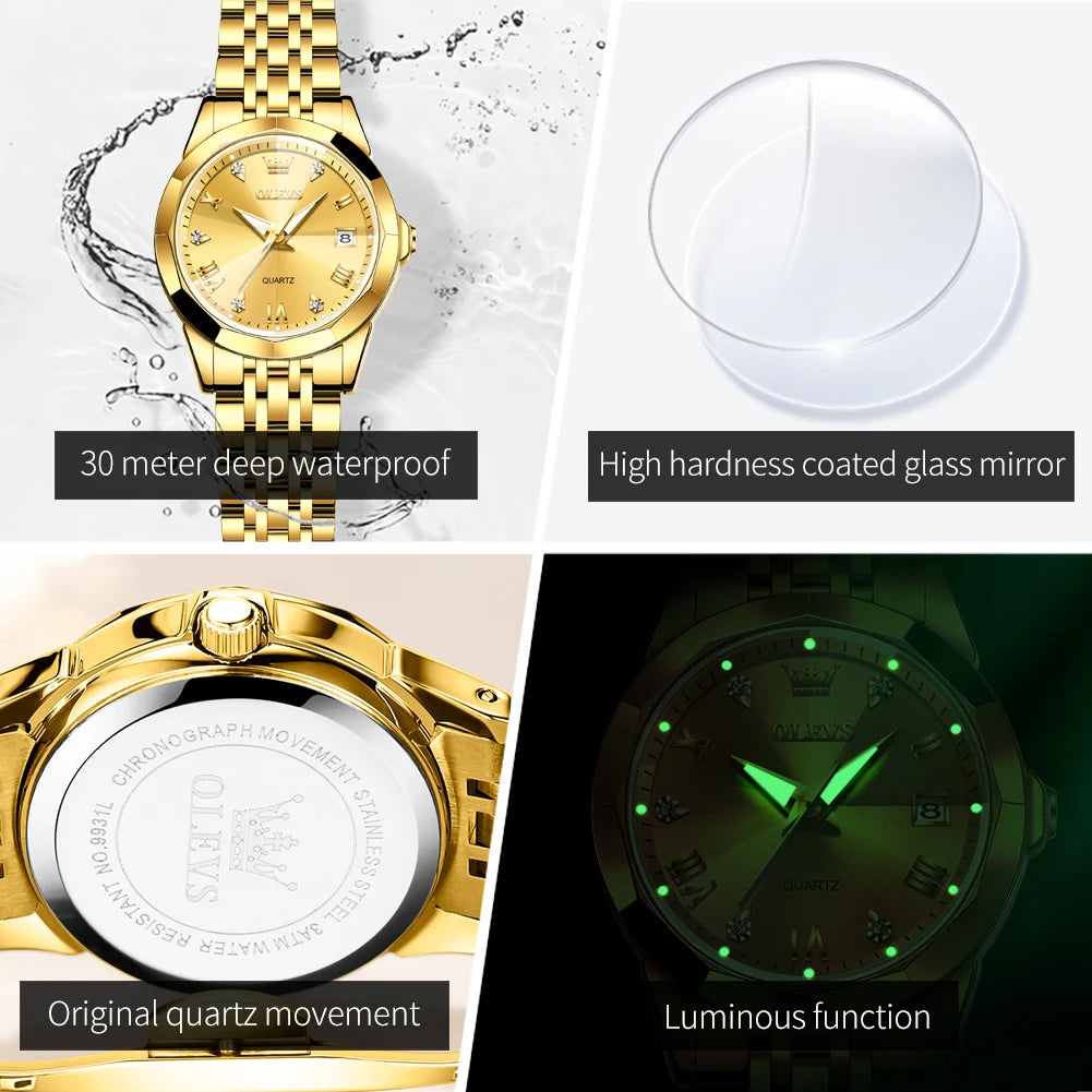 OLEVS 9931 Women's Watch Waterproof Luxury Diamond Quartz Watch For Women Roman Scale Calendar Luminous Elegant Woman Wristwatch
