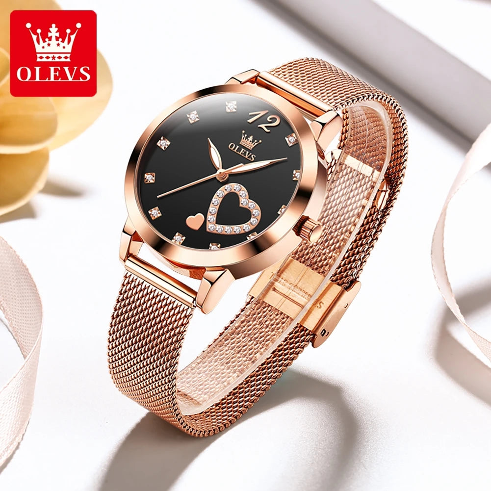 ساعة يد كوارتز نسائية OLEVS 5189، ساعة عصرية غير رسمية للسيدات مقاومة للماء مضيئة بحزام شبكي ومينا مزين بالزركون على شكل قلب