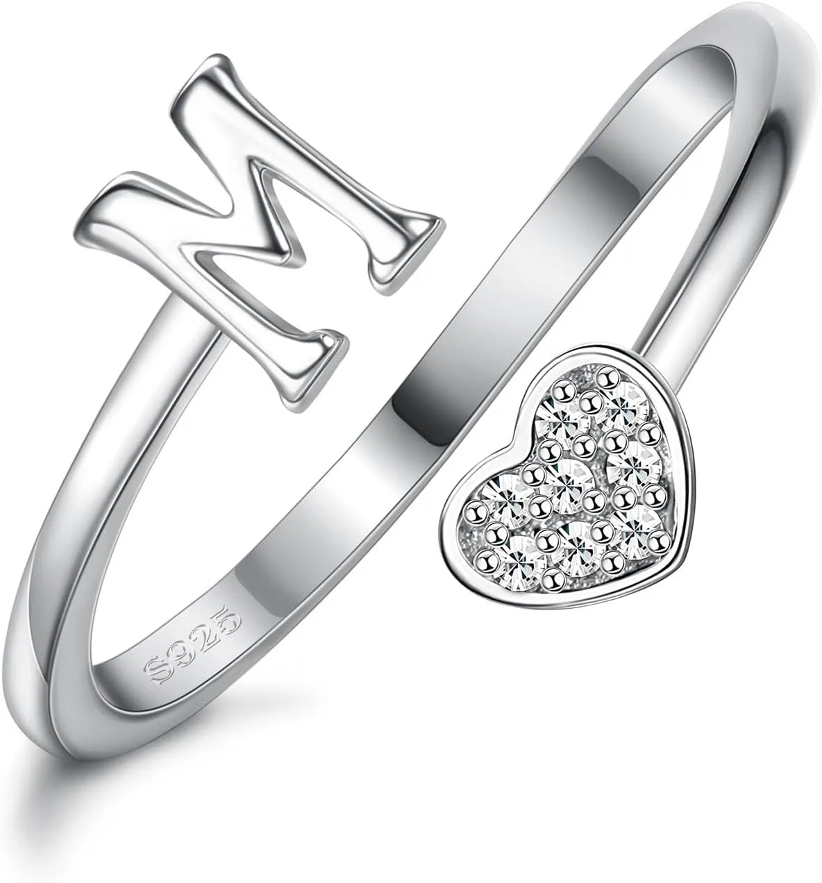 Fansilver Bagues initiales en argent sterling 925, bagues empilables réglables en forme de cœur, jolies bagues alphabétiques en forme de cœur, cadeau pour elle