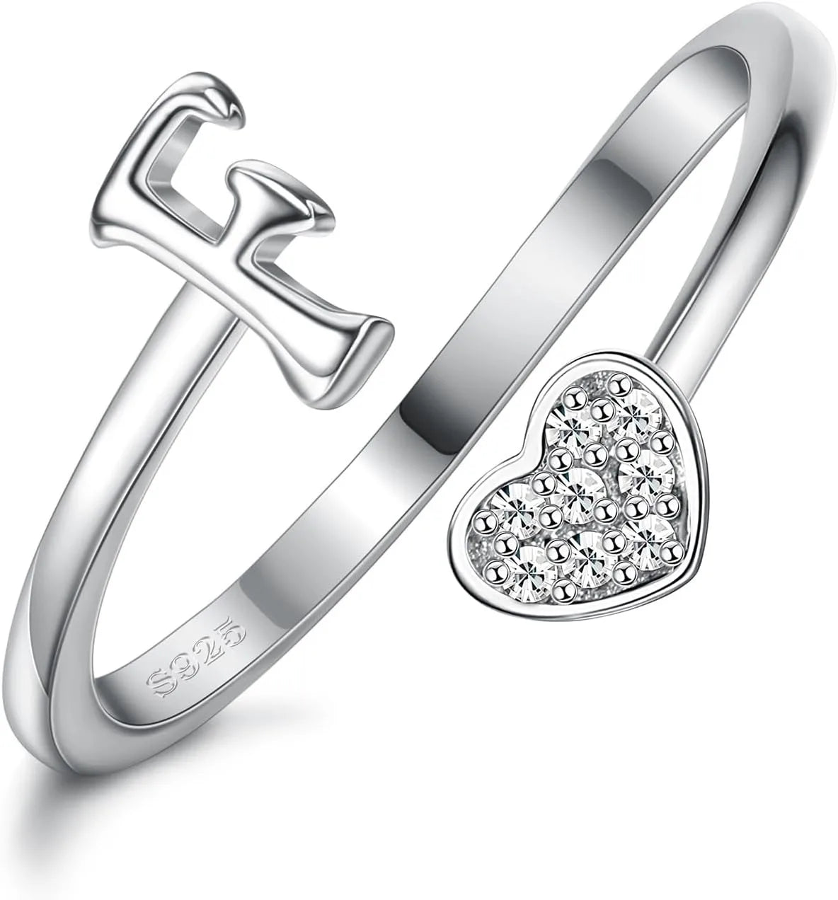 Fansilver Bagues initiales en argent sterling 925, bagues empilables réglables en forme de cœur, jolies bagues alphabétiques en forme de cœur, cadeau pour elle