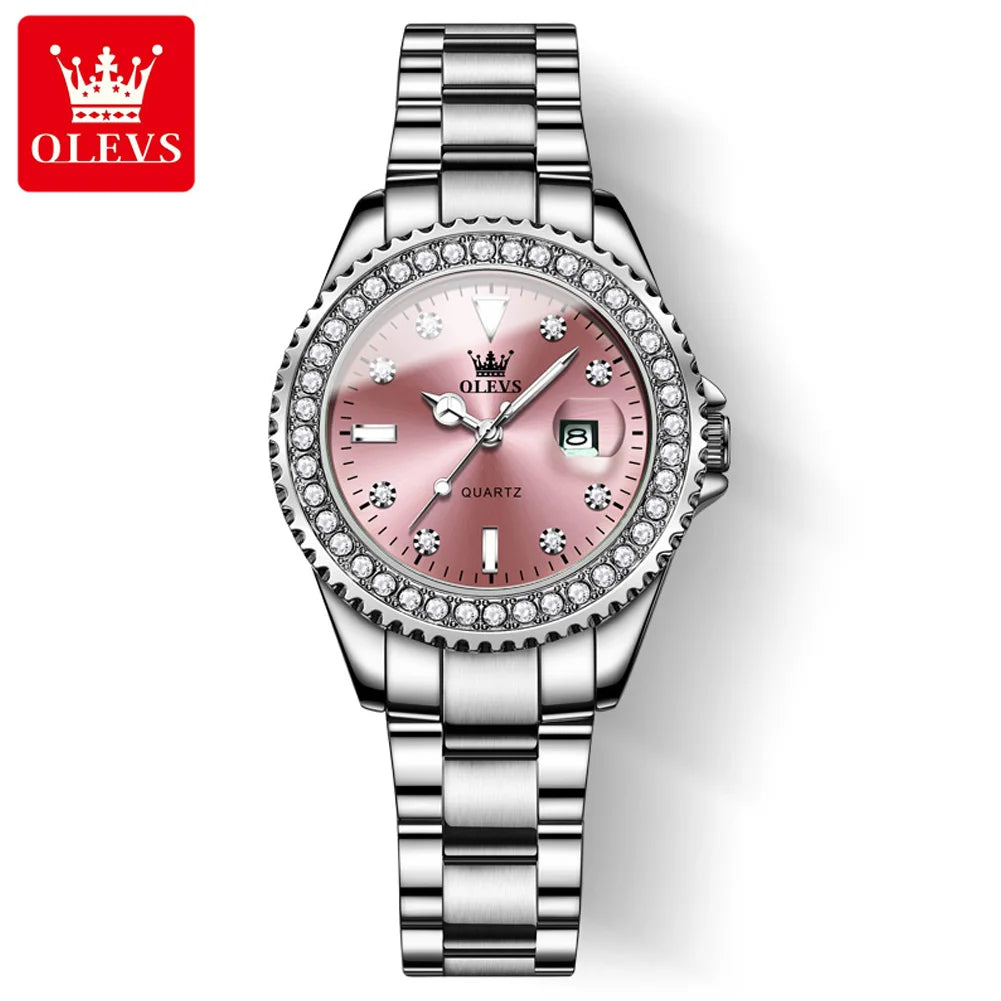 OLEVS 9945 Montre à quartz originale de marque supérieure pour femmes Montre-bracelet de luxe à calendrier à diamants en acier inoxydable pour femmes