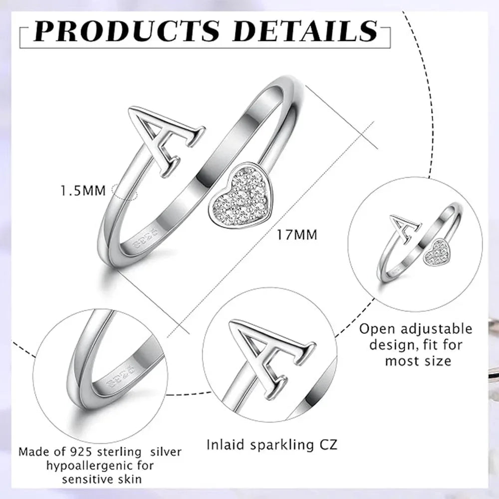 Fansilver Bagues initiales en argent sterling 925, bagues empilables réglables en forme de cœur, jolies bagues alphabétiques en forme de cœur, cadeau pour elle