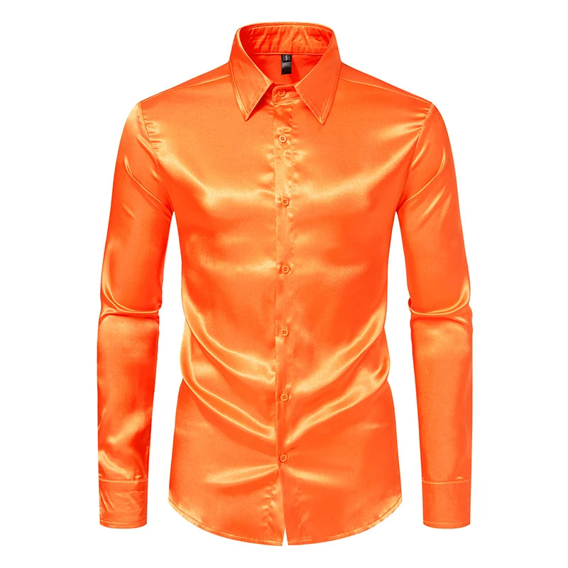 Chemises habillées de luxe en satin noir pour hommes, chemise de smoking lisse en soie, chemise unie pour mariage, bal, décontractée, bureau d'affaires