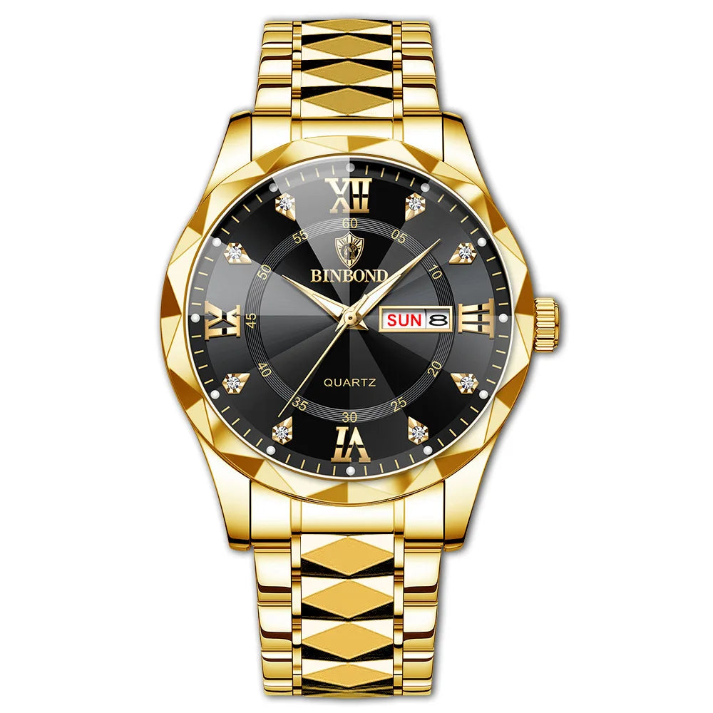 BINBOND Montre homme Acier inoxydable Qualité supérieure Luxe Fermoir caché à bouton poussoir Étanche Lumineuse Date Semaine Montres de sport