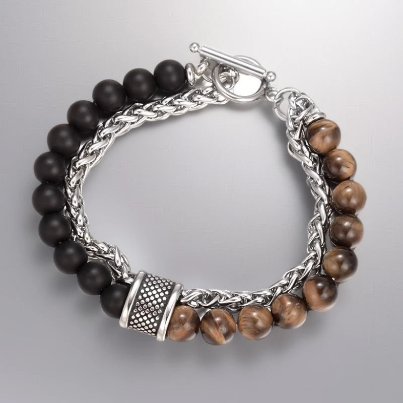 HNSP Chapelet Perles Œil de Tigre Acier Inoxydable Chaîne de Main Bracelet de Jonction pour Hommes Protéger Bijoux Accessoires Homme