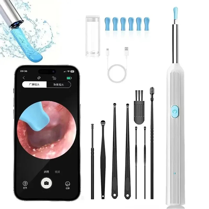 Élimination sans fil du cérumen avec caméra Nettoyeur d'oreille rechargeable Caméra HD avec kit de curettes Nettoyage du conduit auditif