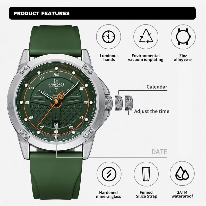 NAVIFORCE Top Fashion Brand Men's Quartz Sport Watches 3ATM Waterproof Casual Date Display Silicone Strap Man Classic Wristwatch