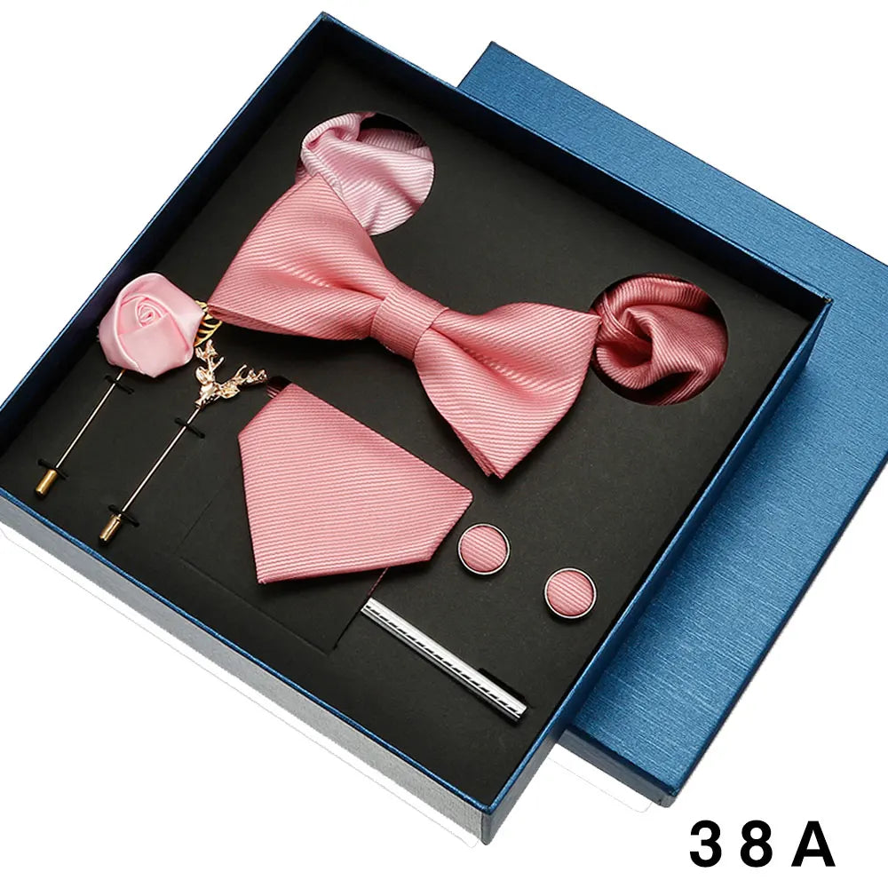 Cravate en soie pour hommes, nœud papillon, pochette, broches, boutons de manchette et pince à cravate pour hommes, accessoires de mariage rouge bordeaux, coffret cadeau
