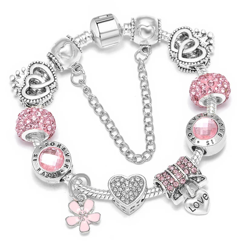 BAOPN Bracelets à breloques en perles cœur à cœur roses européennes pour femmes, bracelets et joncs de marque assortis, bijoux pour couple, livraison directe