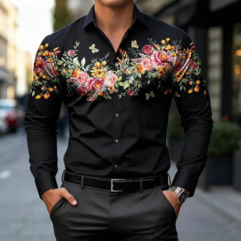 Chemises à motif floral papillon de jardin romantique européen pour hommes, coupe ajustée, manches longues, hauts de bureau formels