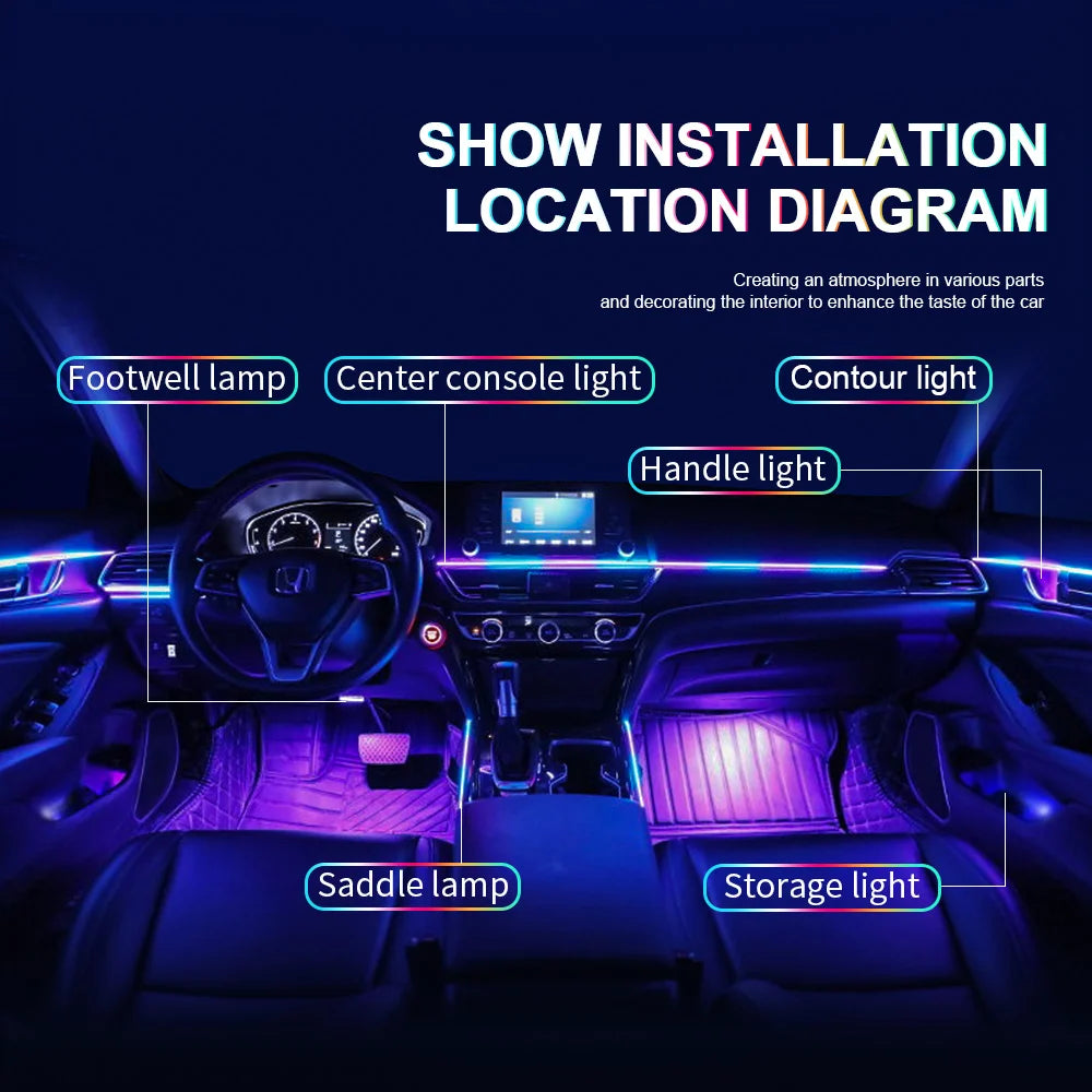 مصباح جو السيارة الأكريليكي بتقنية LED RGB 64/213 لونًا 14/18 في 1 مع تطبيق للتحكم وتأثيرات ألوان متدفقة - طقم مصباح إضاءة أحادي المنطقة أو مزدوج المنطقة