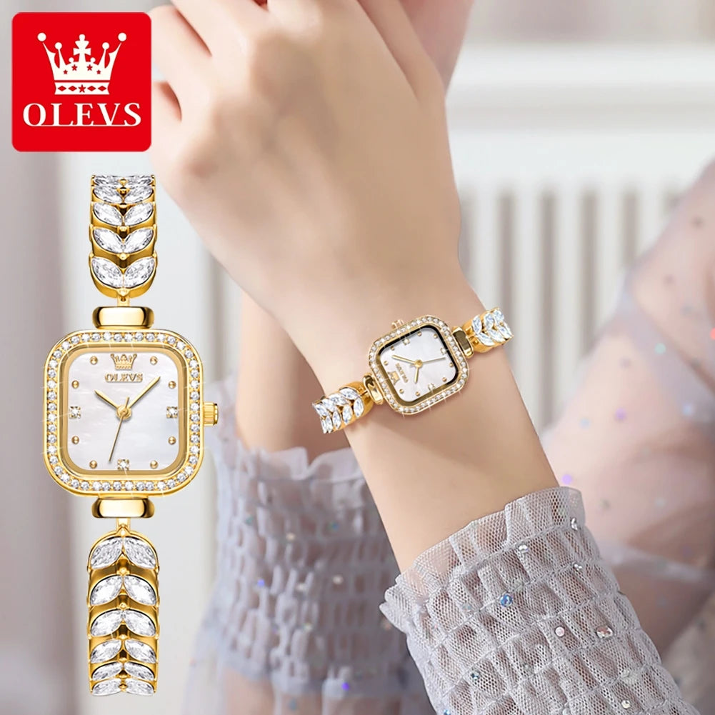 ساعة يد نسائية OLEVS 9987، ساعة كوارتز مربعة مقاومة للماء للنساء، ساعة يد نسائية فاخرة أصلية أنيقة بسوار فولاذي