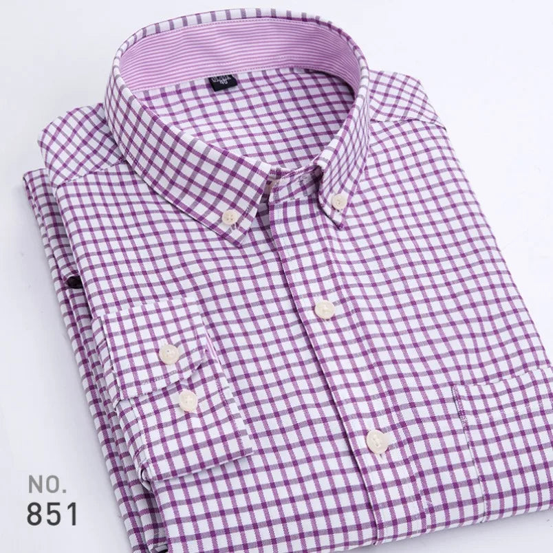 Chemise décontractée à manches longues en oxford à rayures et carreaux pour homme, confortable, respirante, à col boutonné, coupe ajustée, pour affaires
