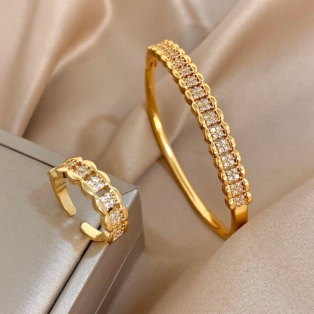 Bracelet et bague manchette multicouche de luxe en zircon micro-incrusté pour femmes, bracelets et bagues en cuivre plaqué or élégants, bijoux de mode