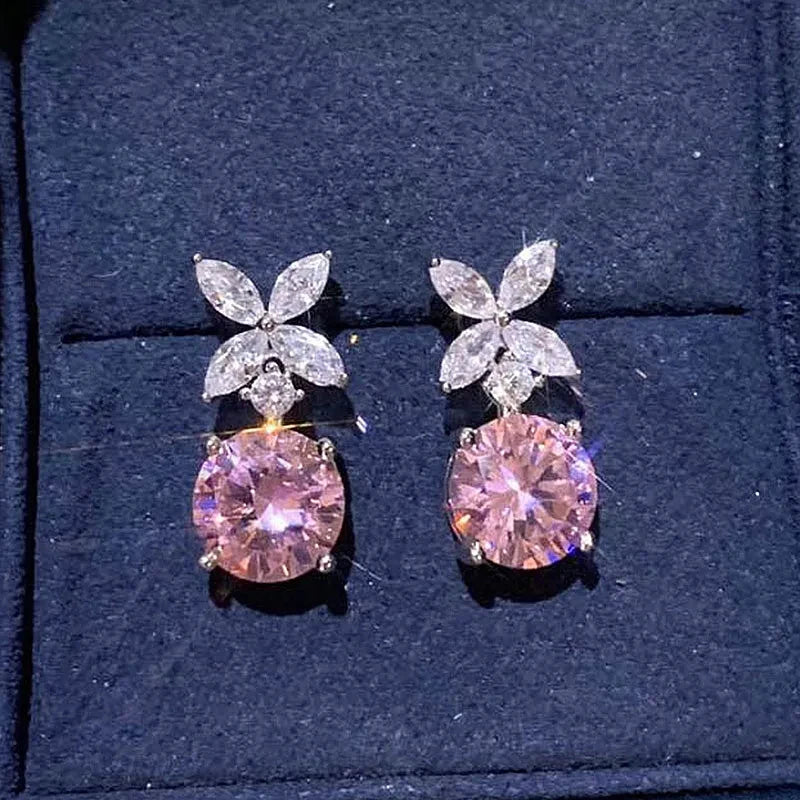 Huitan Exquisite Flower Dangle Earrings Pink Cubic Zirconia for Women Silver Color Temperament Sweet Accessories Fashion Jewelry