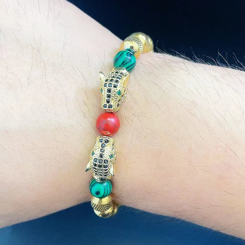 Bracelet Homme Perles en Acier Inoxydable Luxe Têtes de Léopard Royales Breloques Bijoux Cadeau Garçon