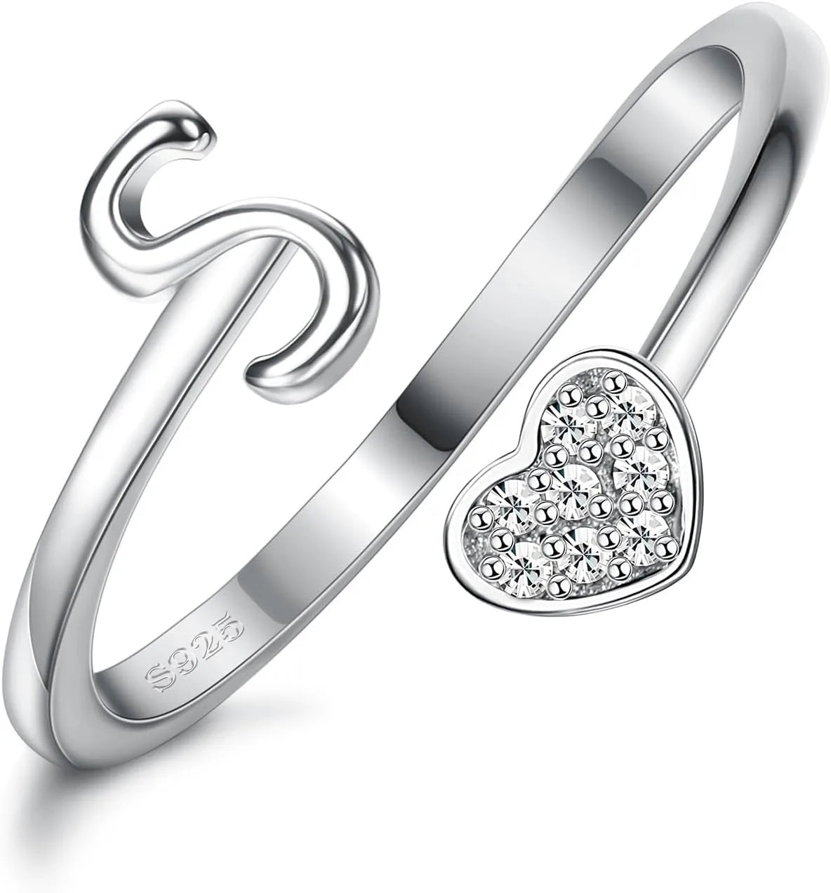 Fansilver Bagues initiales en argent sterling 925, bagues empilables réglables en forme de cœur, jolies bagues alphabétiques en forme de cœur, cadeau pour elle