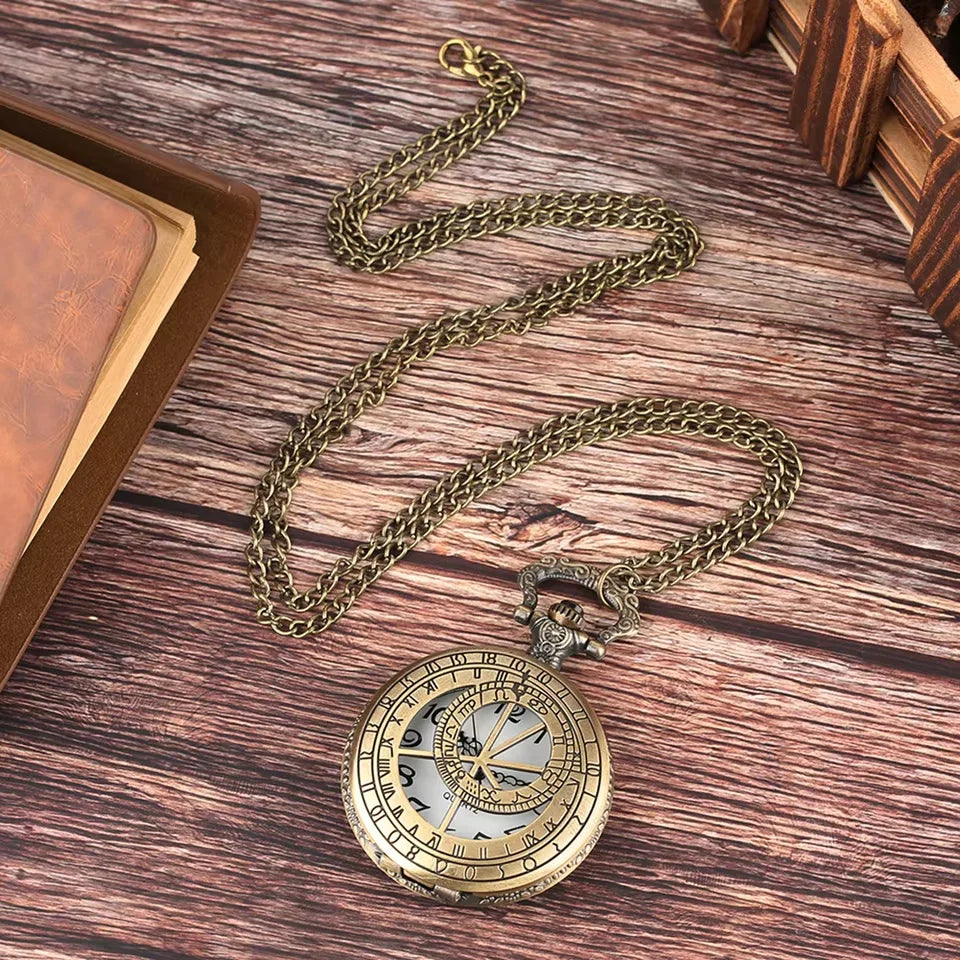 Montre de poche unisexe à quartz rétro en bronze avec motif boussole Zodiaque, montre de cou avec pendentif antique, cadeaux