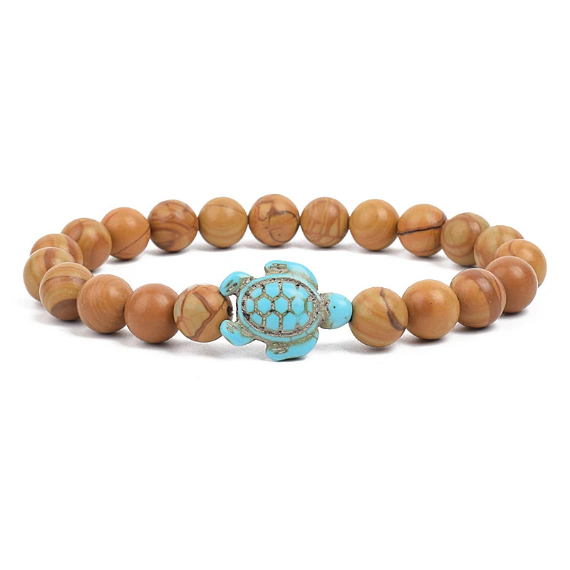 Bracelet perles tortues de mer 8 mm Turquoise Pierre Naturelle Élastique Extensible Femmes Hommes Amitié Bijoux d'Été Plage Cadeaux