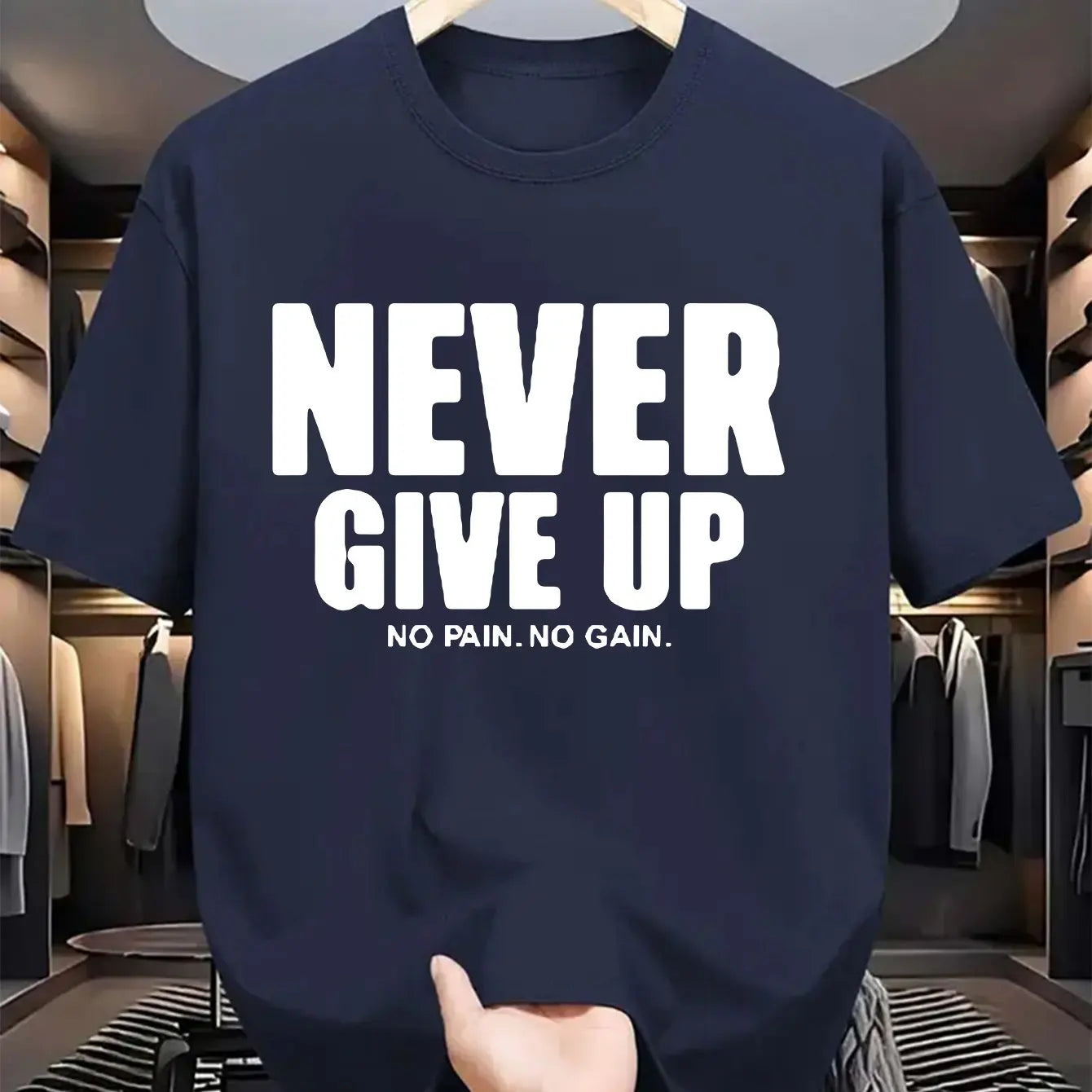 T-shirt homme à manches courtes et col rond, 100 % coton pur, décontracté, ample, avec motif de lettres "never give up" imprimé