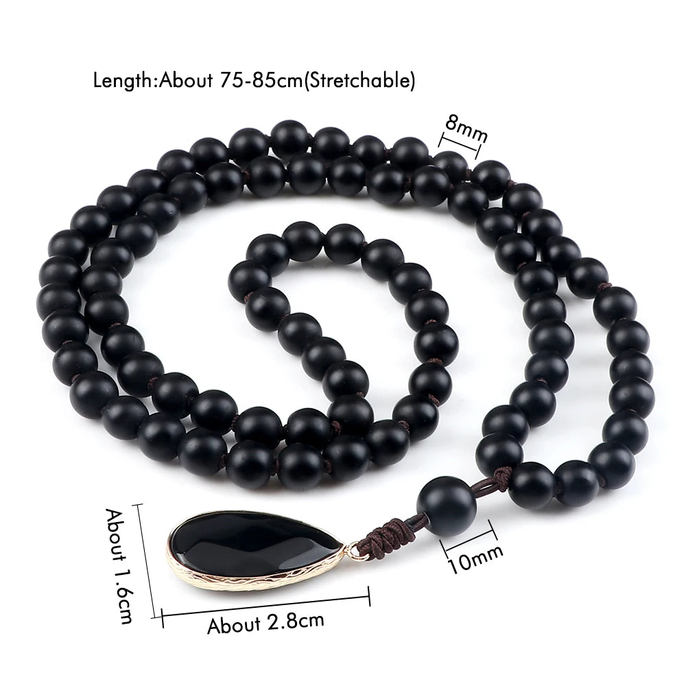 Collier pendentif goutte pour homme, fait à la main, perles d'onyx noir mat et brillant de 8 mm, collier chapelet pour femme, bijoux de yoga et de méditation, cadeaux