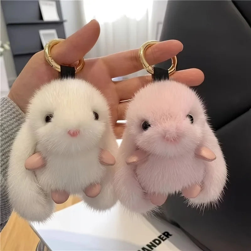 1pc Porte-clés Lapin en Peluche Blanc Tendance pour Femme avec Breloque Mignonne Jouet Doux Accessoire Décoratif pour Sacs Cadeau de Nouvel An Kit Carrosserie