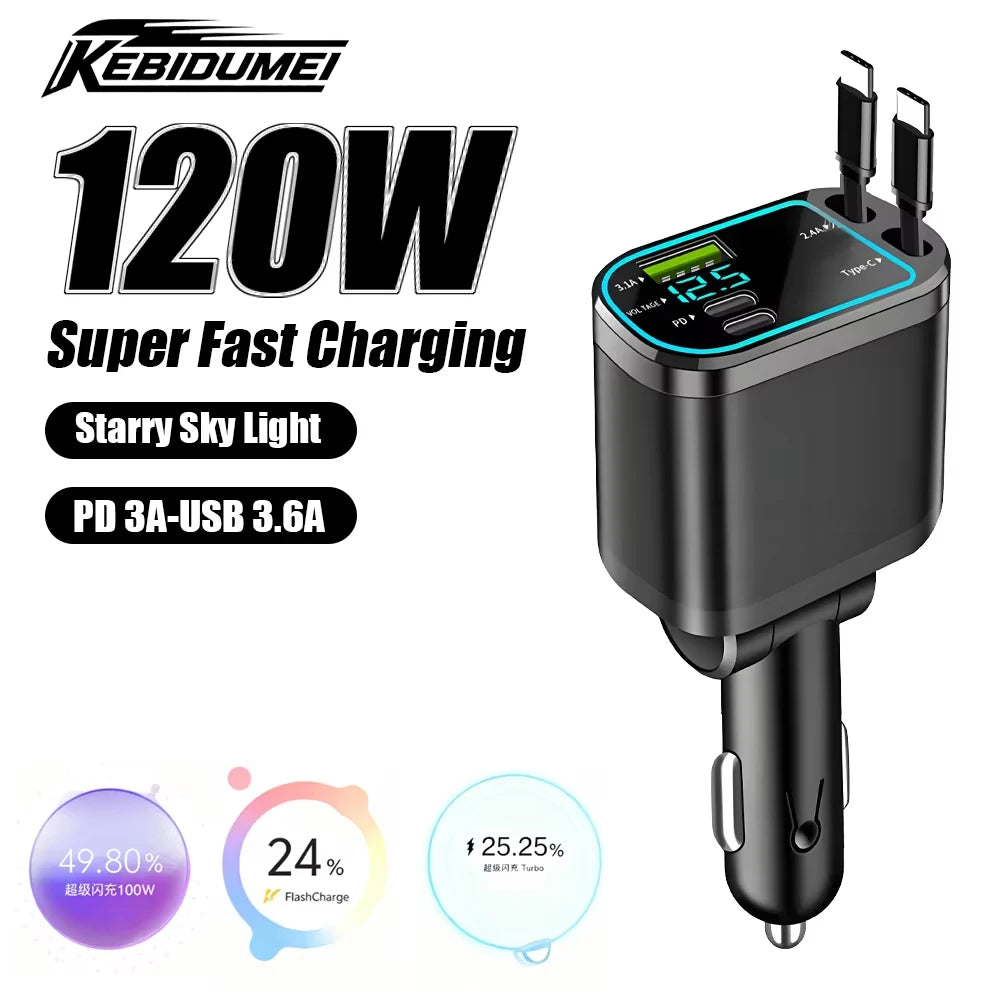 شاحن سيارة قابل للسحب من KEBIDUMEI M4 كابل شحن سريع 5 في 1 مع منفذ USB PD ضوء نجمي محول طاقة من النوع C شواحن هواتف