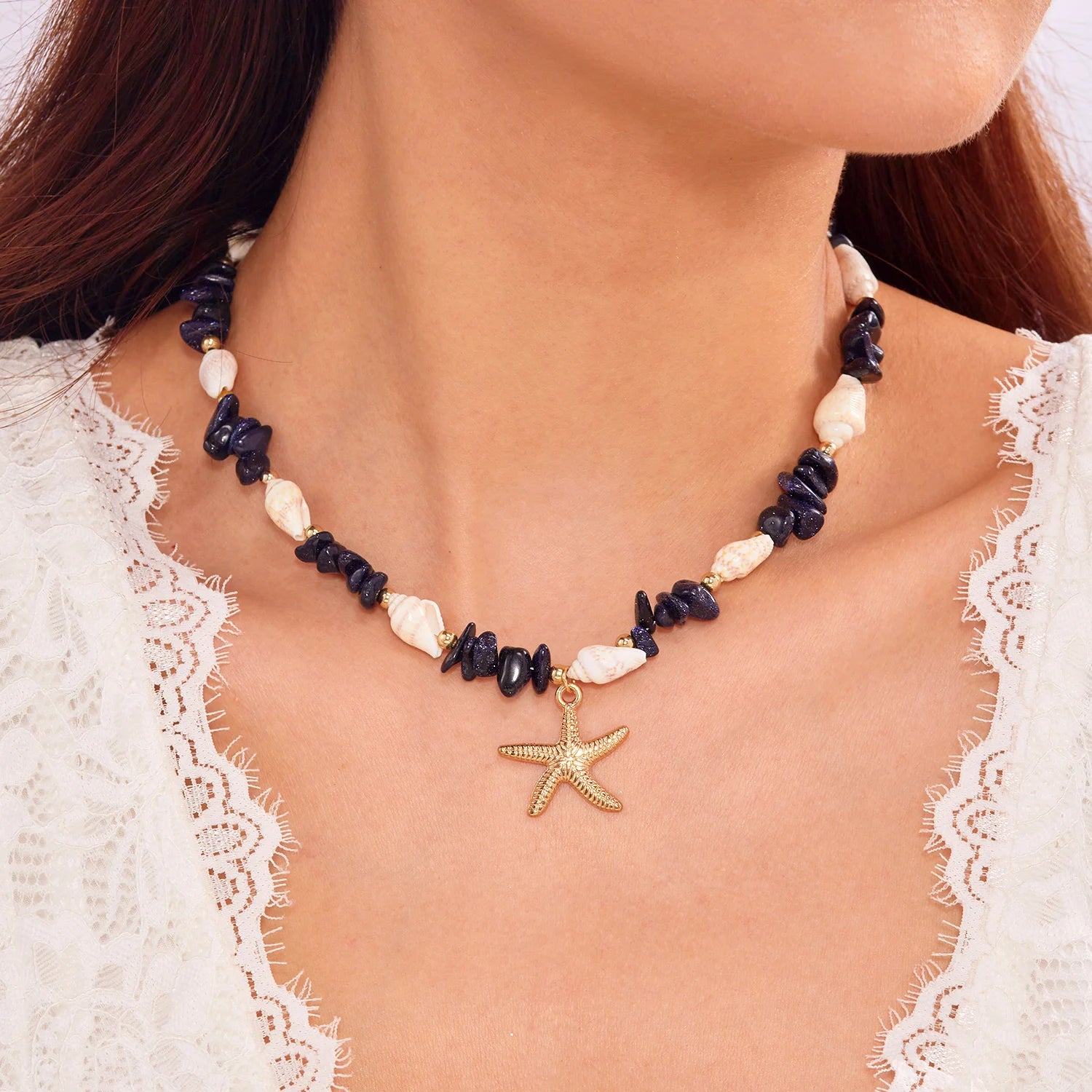Bracelet Pendentif Étoile de Mer Bohème pour Femme, Bracelet Perlé en Pierres Concassées Fait à la Main, Bijou de Plage d'Été, Accessoire de Voyage, Cadeau