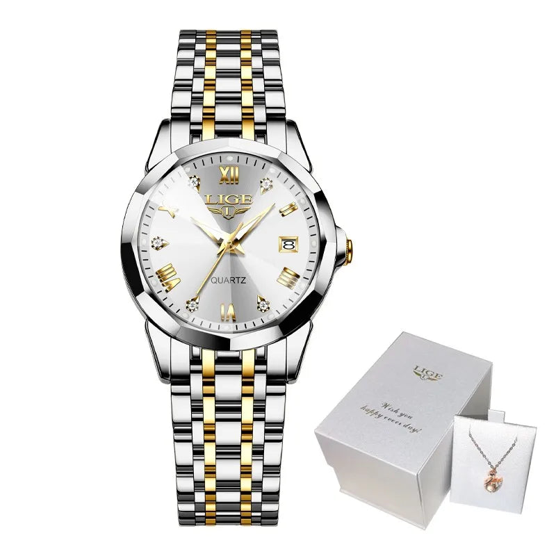 Montre-bracelet LIGE élégante ultra-fine de style nordique simple à mouvement quartz pour femme, bracelet en acier inoxydable tendance